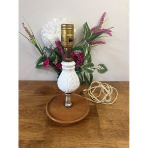 Vintage Milk Glass Leaf Design Table Lamp Wood Base Cottagecore Lighting MCM